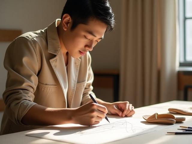 아름슈즈 창립자가 작업실에서 신발 디자인을 스케치하는 모습