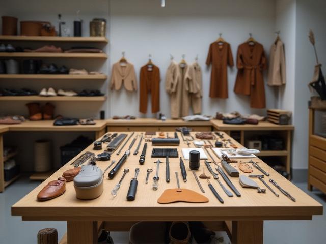 아름 슈즈의 깨끗하고 정돈된 작업실 내부, 도구와 가죽 샘플이 가지런히 놓여있는 모습